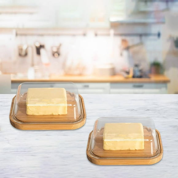 Borosilicate Glass Butter Dish With Bamboo Lid Pack Of 2 | Borosilicate Glass Container For Storage - Bamboo Butter Board | Butter Tray (Light Brown)