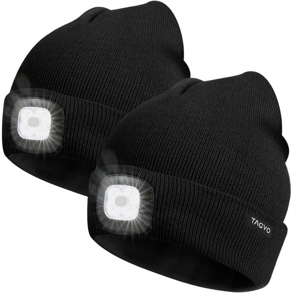 TAGVO 2 Pack Beanie with Light, USB Rechargeable LED Caps, Flashlight Hat Headlamp Beanie Gifts for Dad Father Husband, Winter Warm Hat for Men Women, Balck