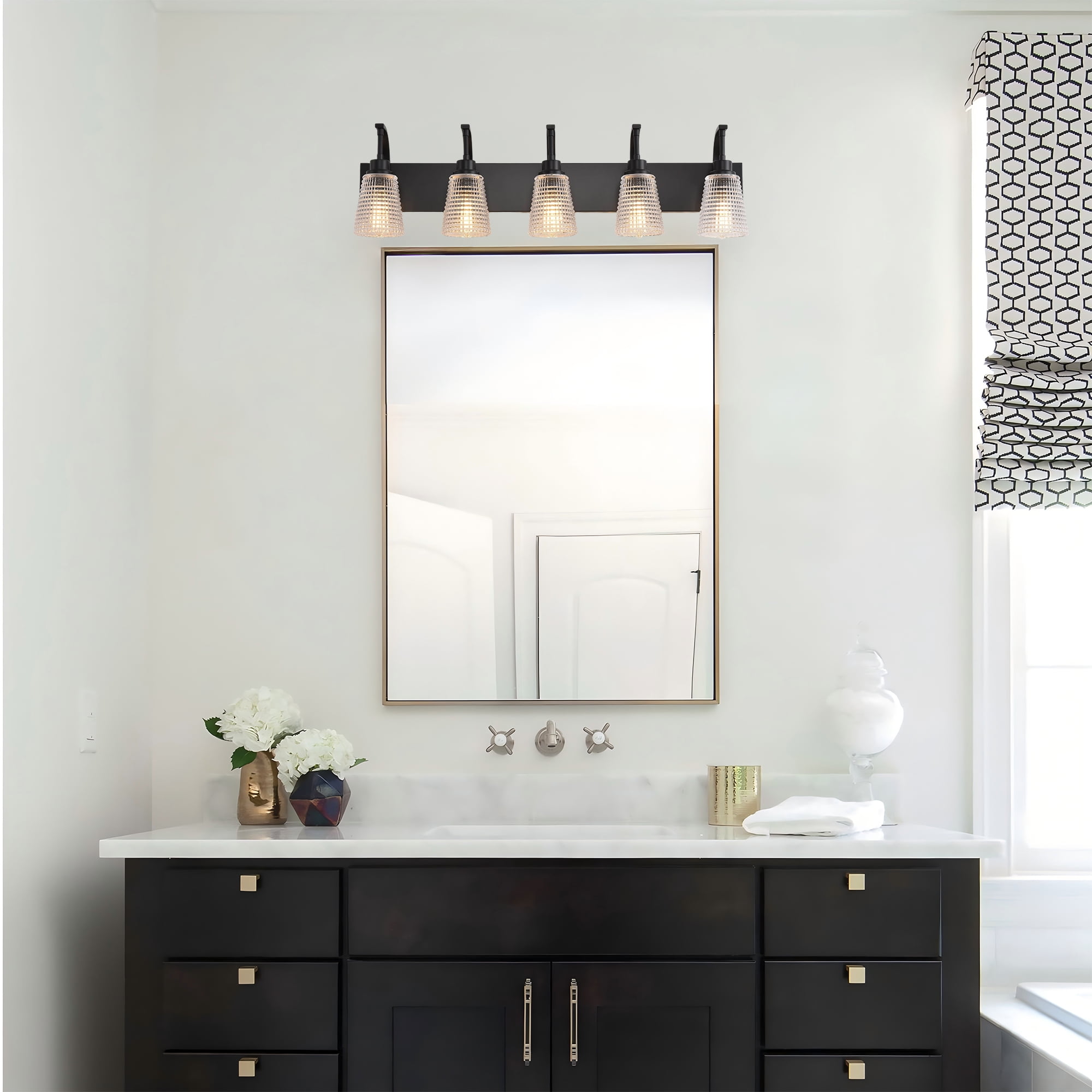 5-Light Matte Black Vanity Light, Large Modern Farmhouse Bathroom Light Fixture with Clear Rippled Glass Shades, 36.61 Inch