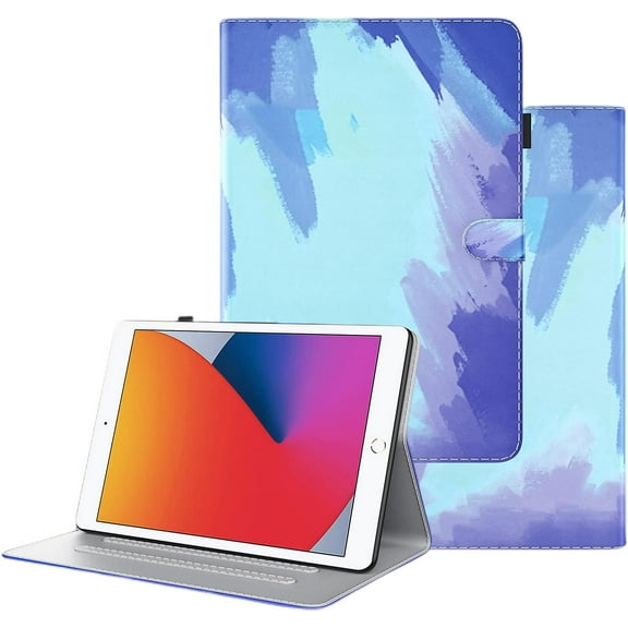 Creative Watercolor Leather Tablet Case with Kickstand Card Slots Pen Holder for Samsung Galaxy A7 A8 A 10.1 8.0 S6 S7 S8 Plus FE Lite Charming Colorful Shell(Blue,A7 2020 T500 T505)