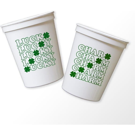 Lucky Charm Party Cups - 12 Pack Stadium Cup (White with Green) 12oz