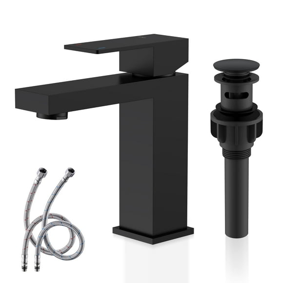 KENES Matte Black Single Handle Bathroom Sink Faucet, Stainless Steel Vanity Faucet for Bathroom Sink, with Pop Up Drain Stopper & Water Supply Hoses