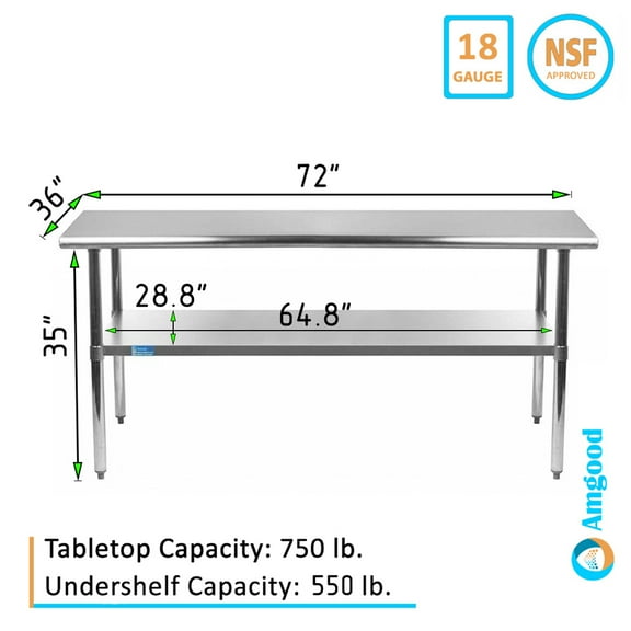 AmGood 72" Long x 36" Deep Stainless Steel Work Table | Metal Work Bench Utility | Work Station