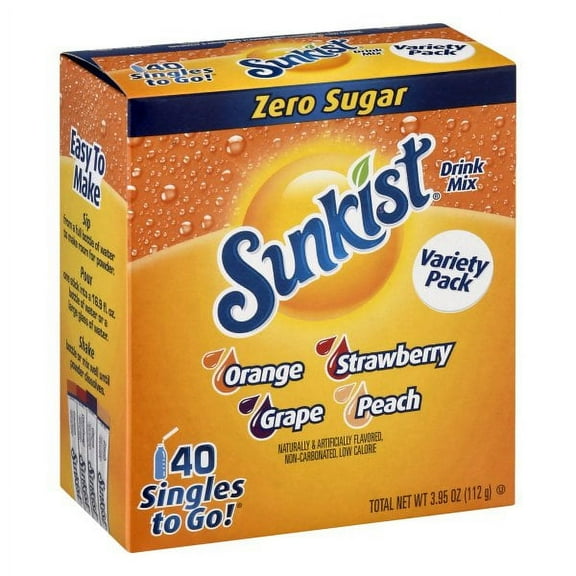 Sunkist Zero Sugar Variety Pack Singles-To-Go Powdered Drink Mix, 40 Count Packets