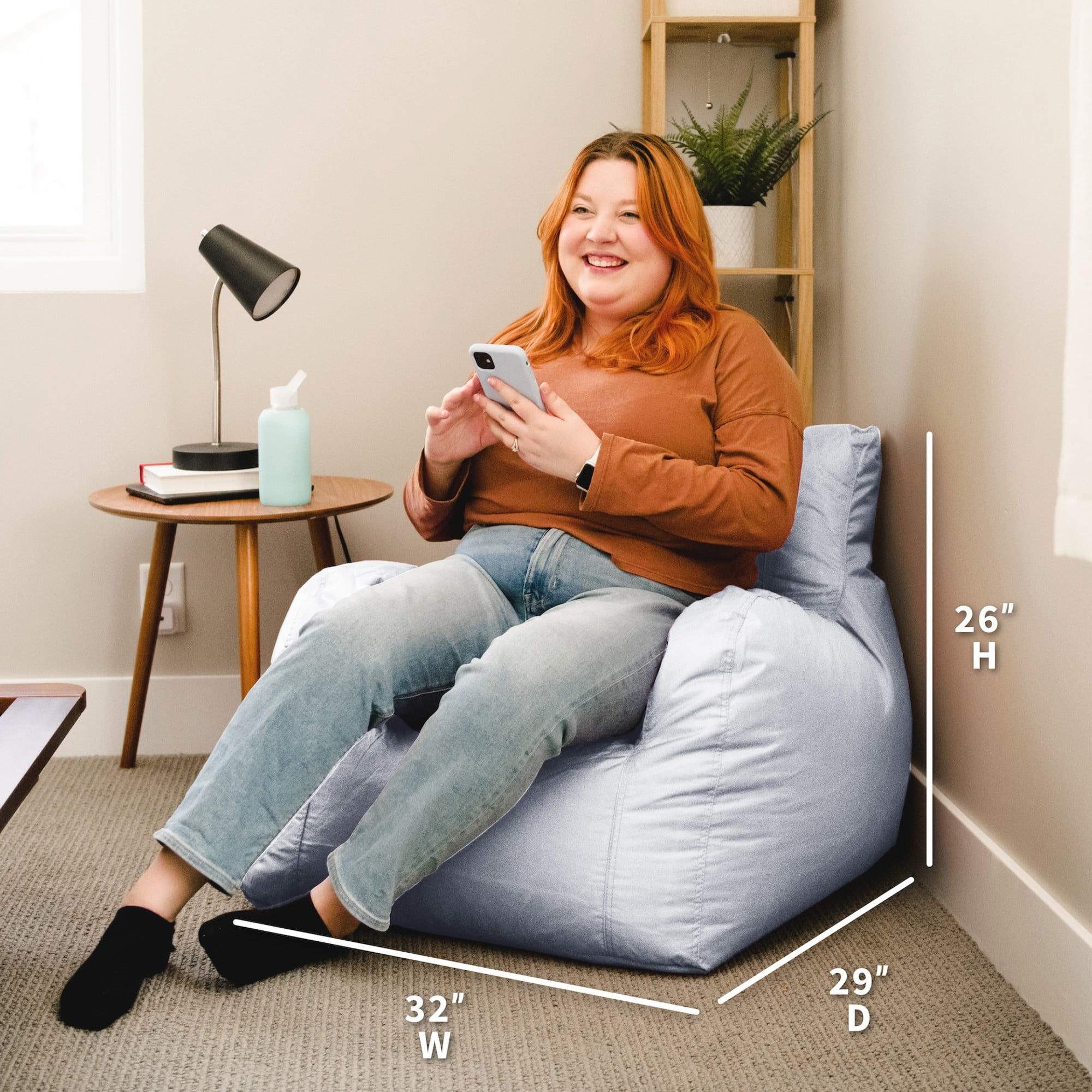 Big Joe Dorm Bean Bag Chair with Drink Holder and Pocket for Teens and Kids, Gray, Durable Easy-Clean Polyester Nylon Blend, 3 foot Gaming and Reading Nook Seat, Refillable