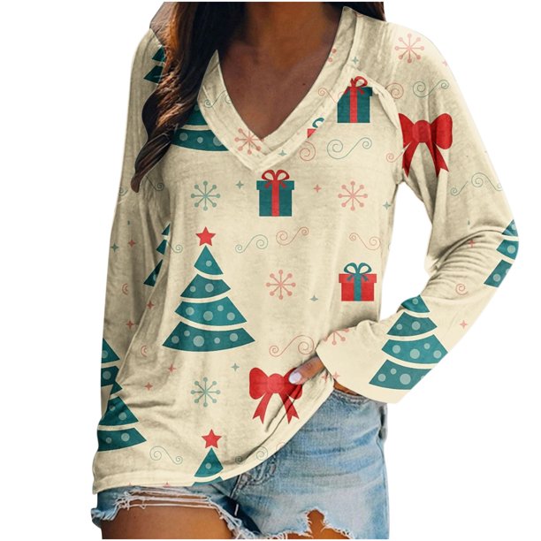 Camiseta de manga larga raglán con estampado navideño informal con cuello en V para mujer Pompotops FGAJ16139