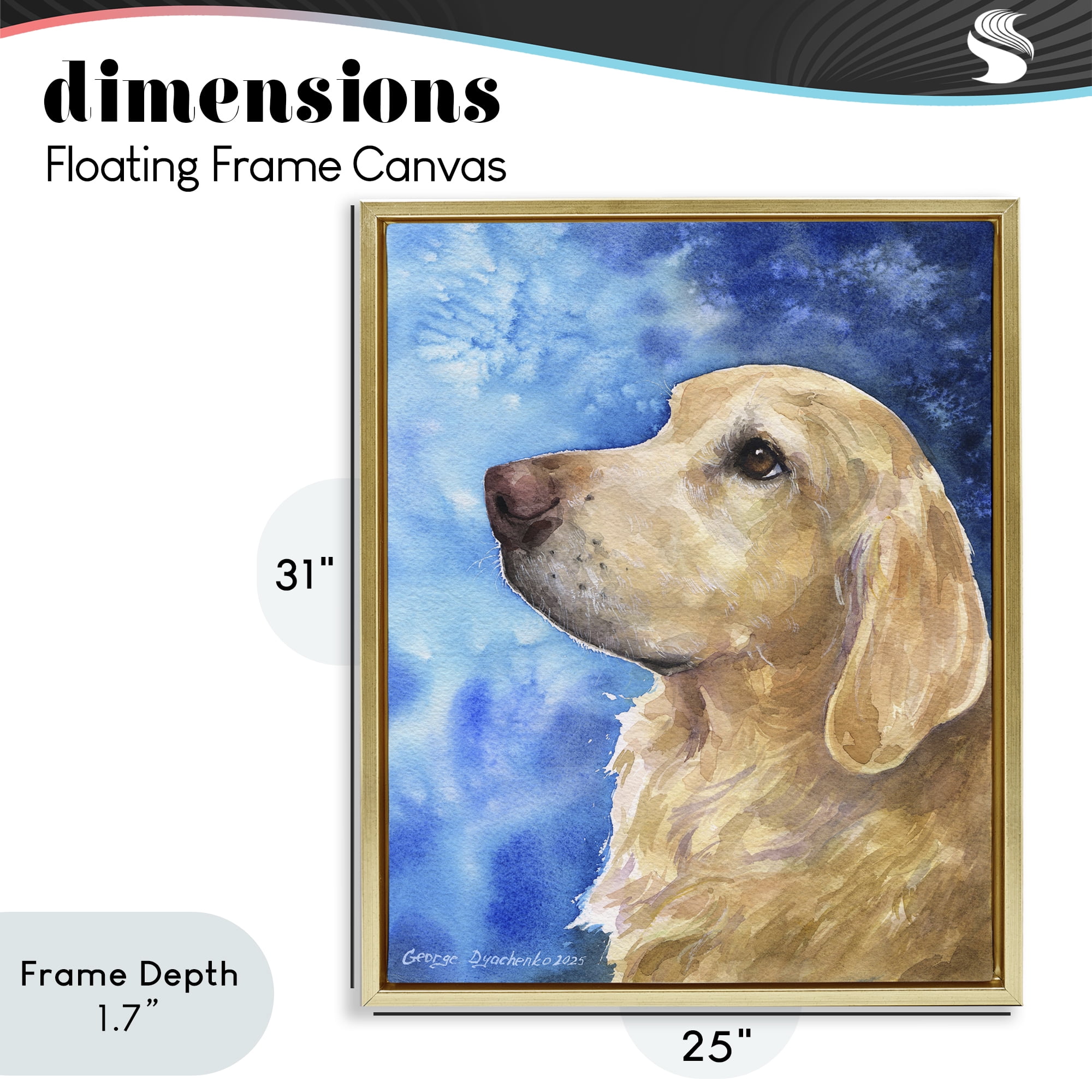 Stupell Industries Golden Retriever Portrait on Azure Gold Framed Floater Canvas Wall Art, design by George Dyachenko