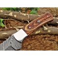 thumbnail image 7 of 11" Long hand forged Damascus steel full tang blade skinning Knife, 2 tone brown Dollar wood with Brass bolster scale, Cow Leather sheath, 7 of 7