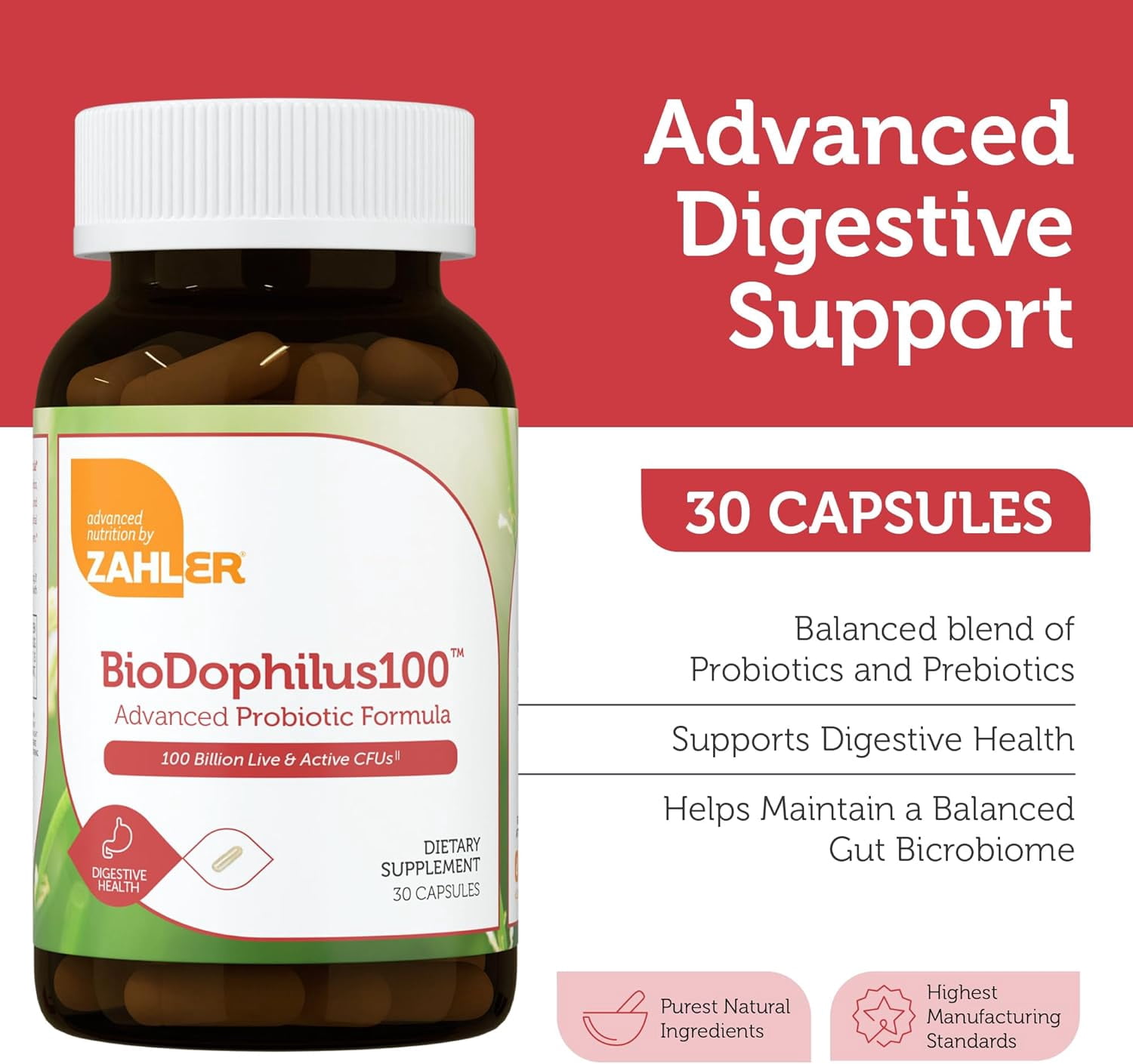 Zahler BioDophilus100, Advanced Probiotic Formula, 100 Billion CFU, 30 Capsules, Probiotic, Probiotics, Probiotic Supplement