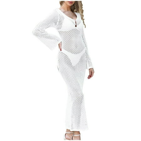 TMOYZQ Crochet Swim Cover Up for Women Boho Crochet Hollow Out Long Sleeve Thigh Beach Maxi Dress Bikini Cover Ups