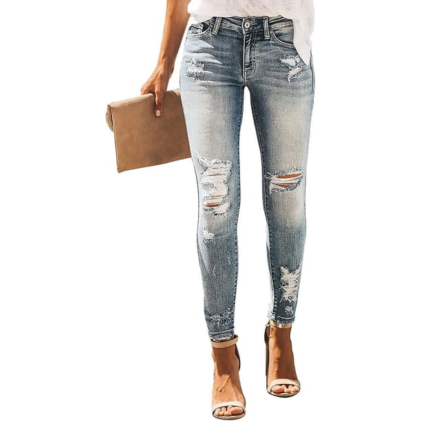 Pantalones vaqueros de mezclilla elásticos desgastados para mujer