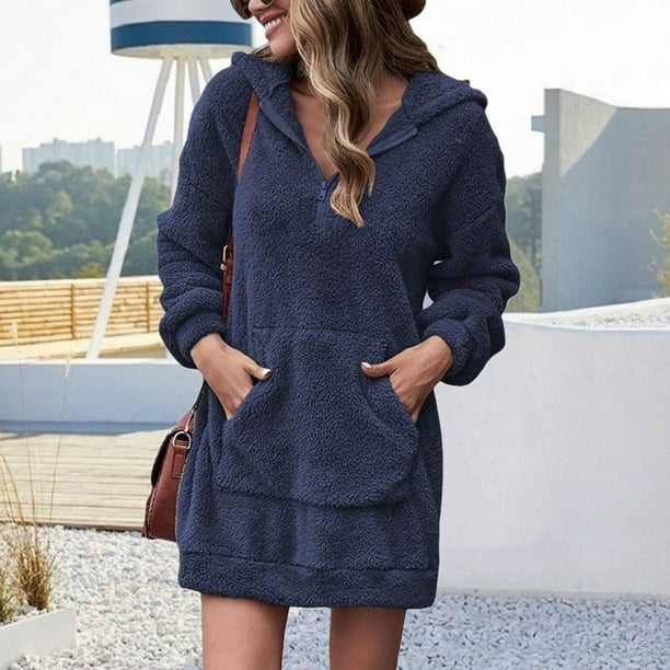 Fashion Clearance Feltree Women s Casual Long sleeve Pocket Pullover Hoodie Dress Sweatshirt Solid Dress Blue M