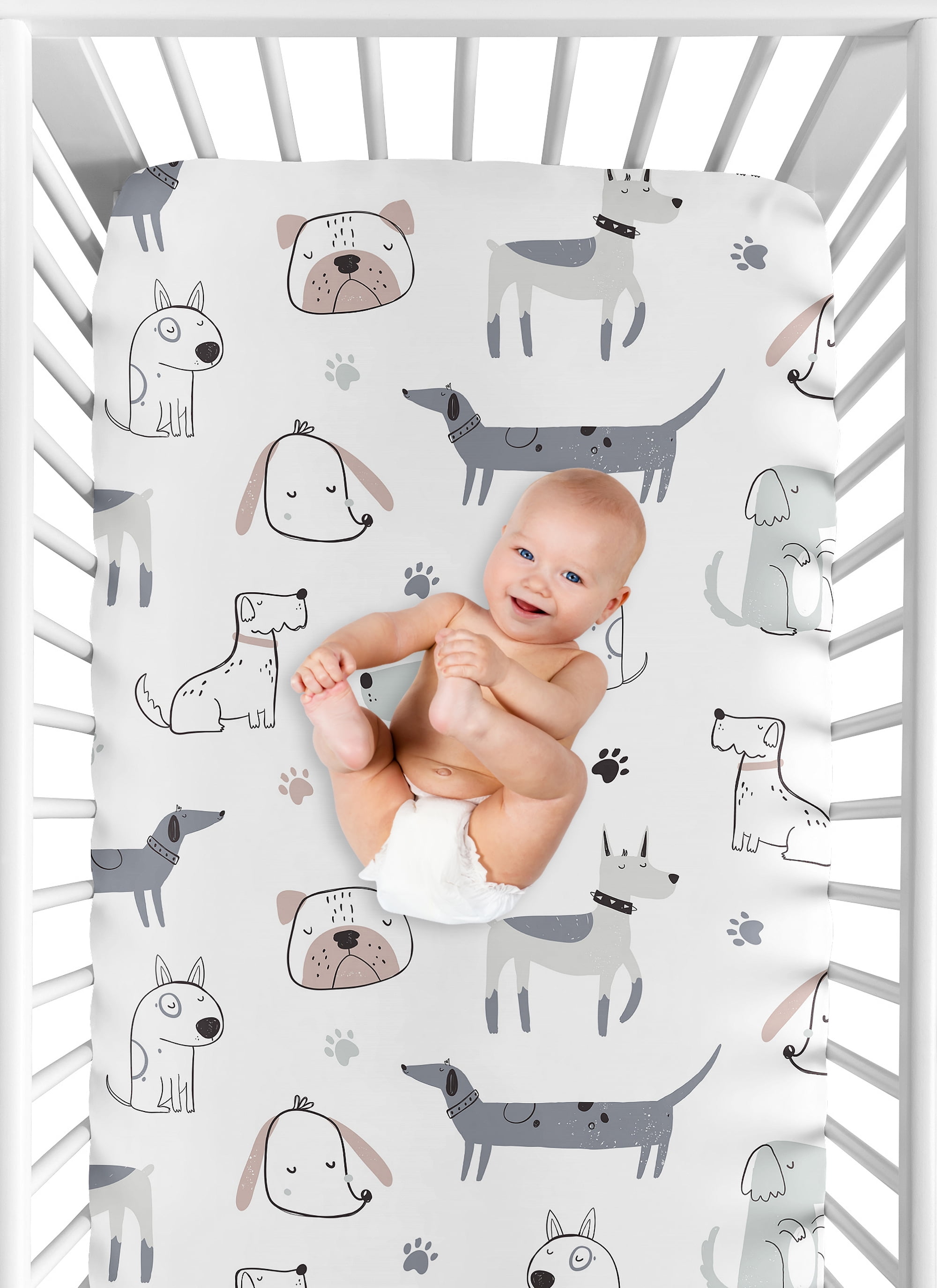 Sweet Jojo Designs Cartoon Puppy White Taupe and Blue Fitted Crib Sheet