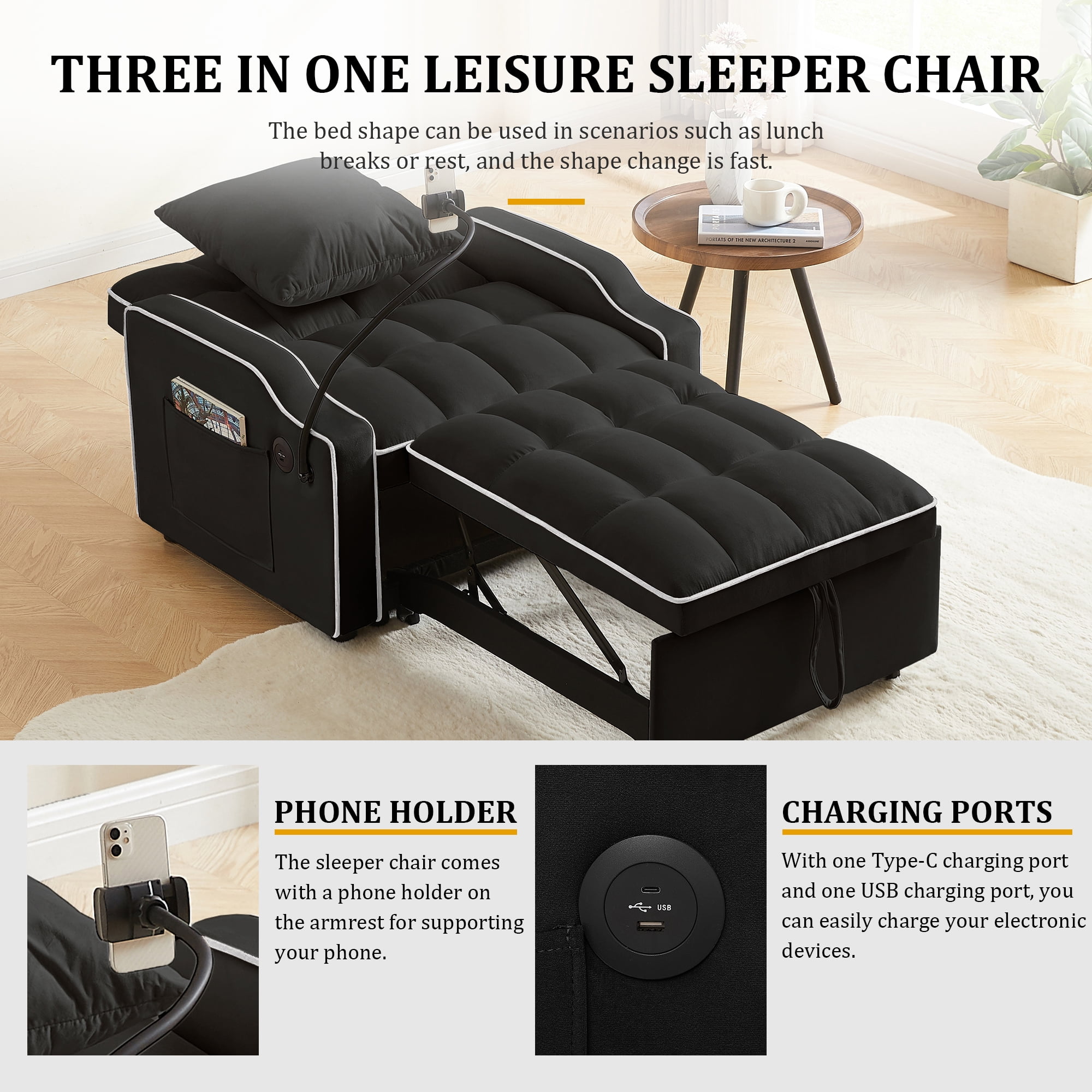 MOONMISS 3 in 1 Sleeper Sofa Chair Bed,Velvet Adjustable Recliner with Charge Ports&Phone Holder,Black