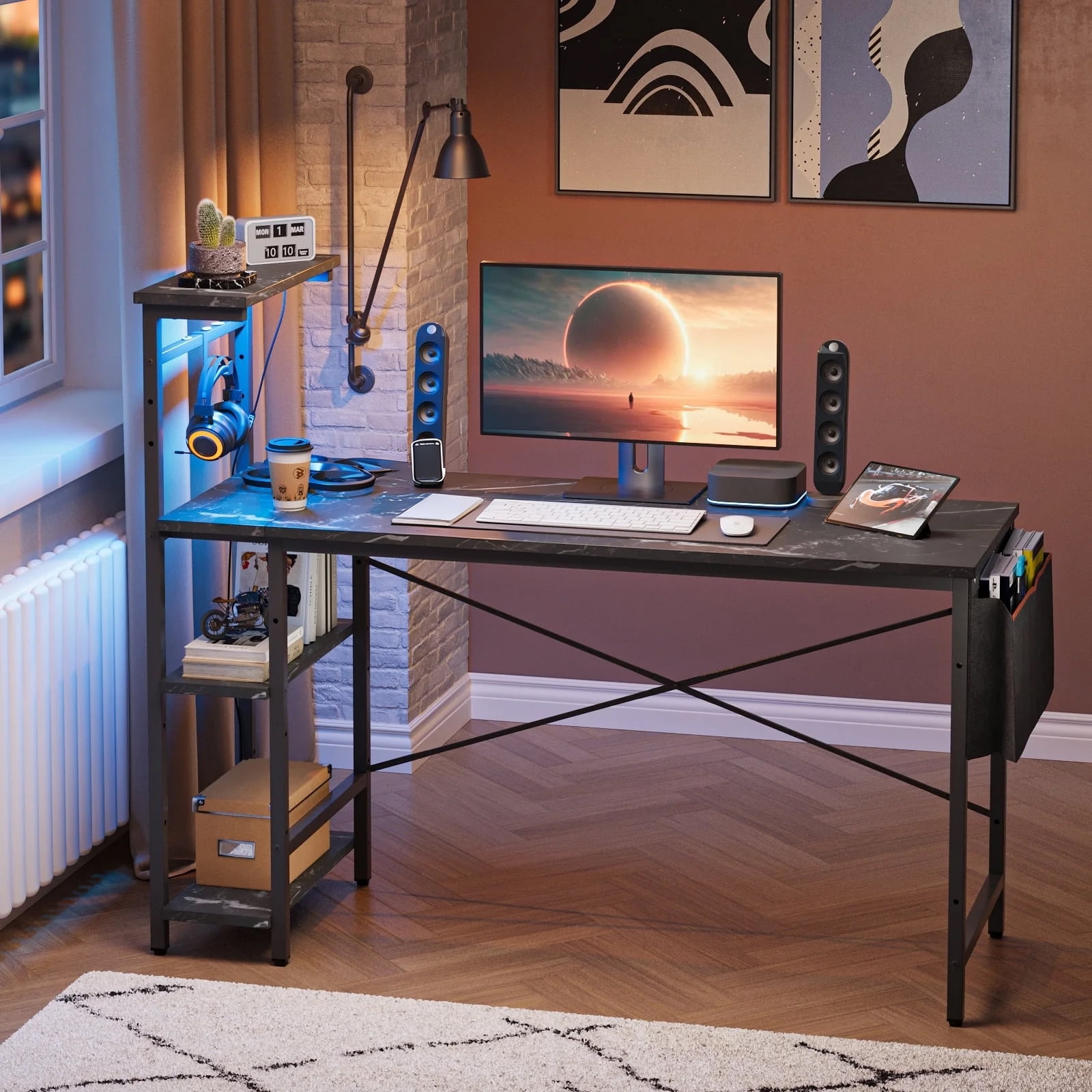 Bestier 52 inch Gaming Desk with LED Lights & Adjustable Storage Shelves,7 Main Color+22 Dynamic Modes LED Computer Desk,Black Marble Platform