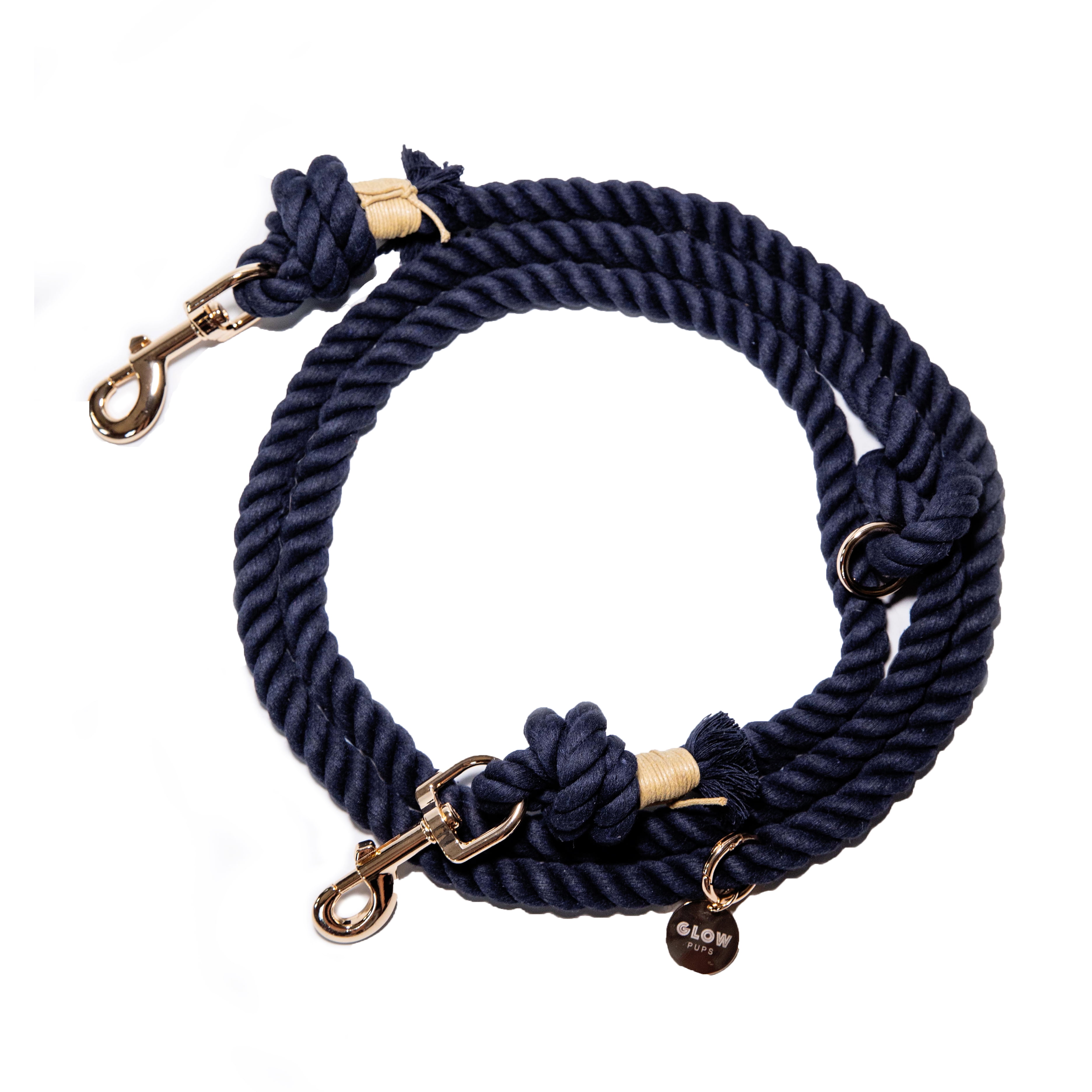 Hands Free Cotton Rope Dog Leash with Gold Hardware, Heavy Duty Training Lead (Navy Blue)