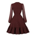 thumbnail image 3 of YYDGH Women's Polka Dots Vintage Cocktail Party Dress 1950s Retro Swiss Dots Mesh Puff Long Sleeve Ruffle Hem Swing Tea Dresses Wine L, 3 of 3