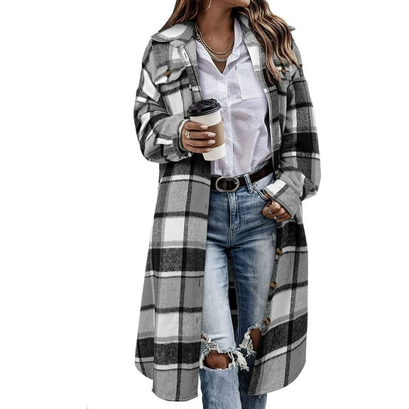 Women's Long Flannel Plaid Jacket Shacket Cozy Lapel Button Down Shirt Jacket Fuzzy Trench Coat