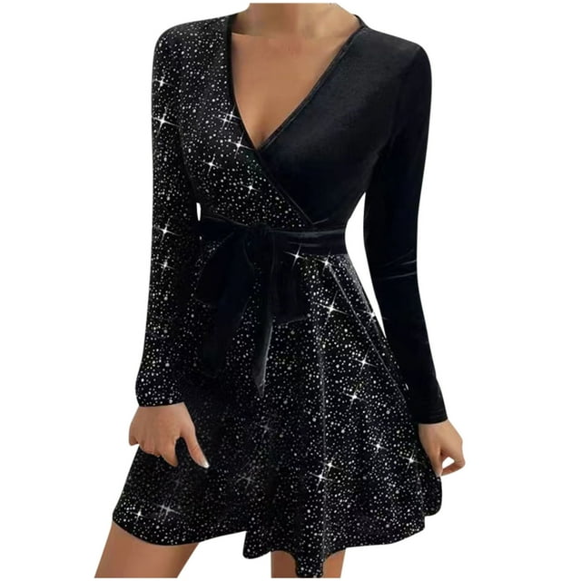 AherBiu Robe en Velours pour Femmes à Manches Longues, Soirée, Vintage, Portefeuille, Col en V, Tunique Plissée, Robe Midi