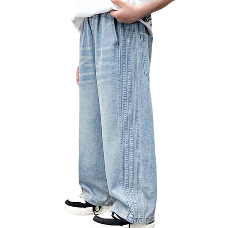 WELOIJEVBE Boys Jeans Elastic Waisted Wide Leg Denim Jeans With Pockets Baggy Pants For Boys Boys Straight Leg Jeans 10-11 Years Boy Jeans
