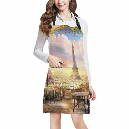 ASHLEIGH Beautiful View from Balcony Cafe of Paris Eiffel Tower Adjustable Bib Apron with Pockets Commercial Restaurant and Home Kitchen Apron for Women