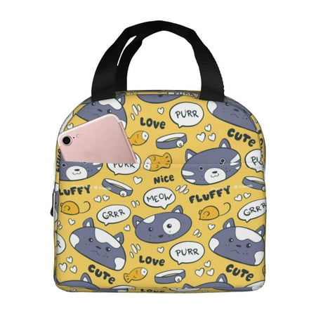 Lunch Box for Women Men Cute Cat Face Collar Fish Reusable Insulated Lunch Bag  Lunch Tote Bag Container for Work  Office  Picnic  Travel