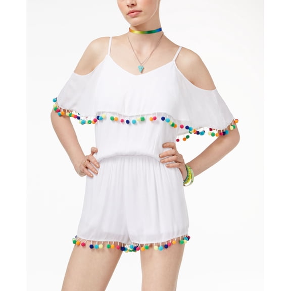 The Edit By Seventeen Juniors' Cold-Shoulder Pom Pom Romper (White, XL)