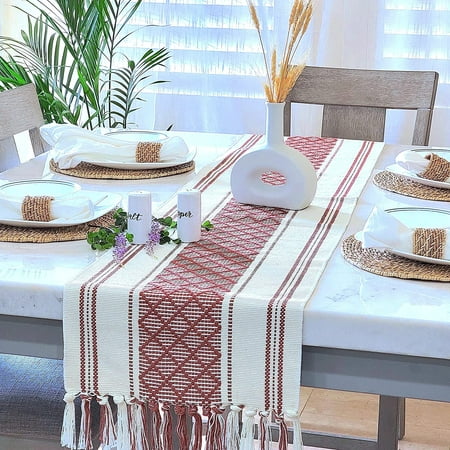 

Boho Long Dining Table Runner with Tassels 14x90 Inches Rust Brown & Cream | Woven Washable Dresser Scarf | Farmhouse TV Stand TableTop Cover with Fringe