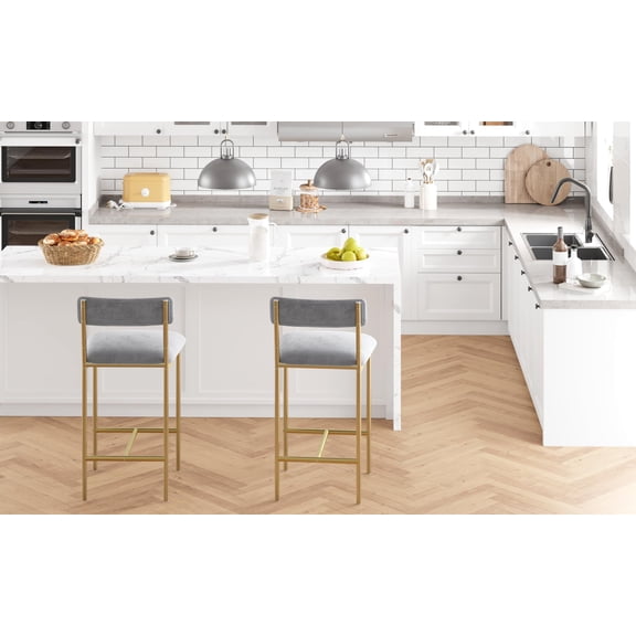 Bar Stools, Kitchen Stools Set of 4 Upholstered Extra Wide Seat - Backrest, Footrest, Gold & Gray, Easy Assembly for Dining Comfort