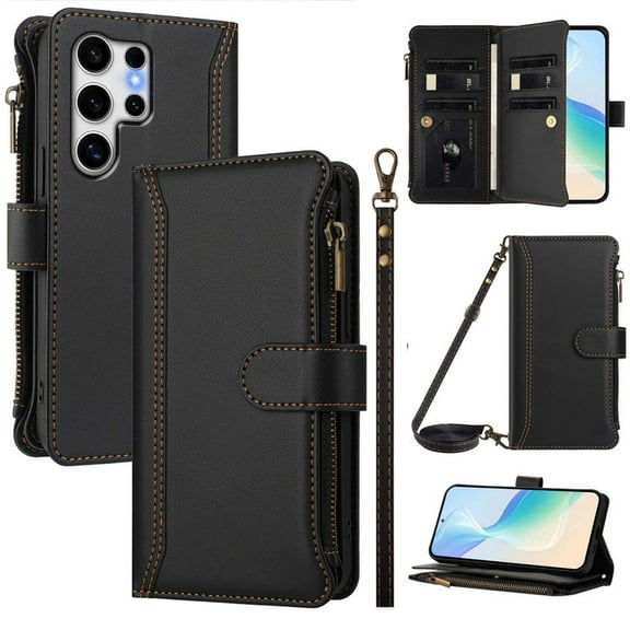 PU Leather All-Round Protective Phone Case Wallet with Wrist Strap for Samsung Galaxy S25 Ultra