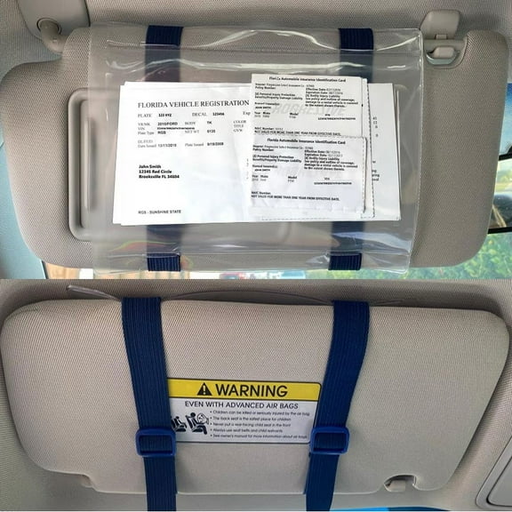 Document Holder for Vehicle Visor. Perfect for Insurance & Registration. Royal Blue Stretch Band and Blue Buckle, Made in USA