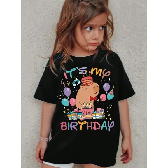 children’s wear Cute Capybara It's My Birthday Graphic T-Shirt for Girls Toddler Kids Funny Animal Birthday Party Tee Black Short Sleeve Cotton Top