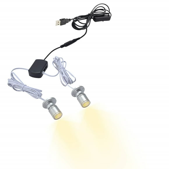 FSLiving 2-Lights 1W Mini LED Blue Light Spotlights 360° Rotatable Dimmable Breathable Lighting Silver Shell with 6.5 Ft USB Dimmable Cable for Accent Lighting Cartoon Showcase Cabinet Lego Model