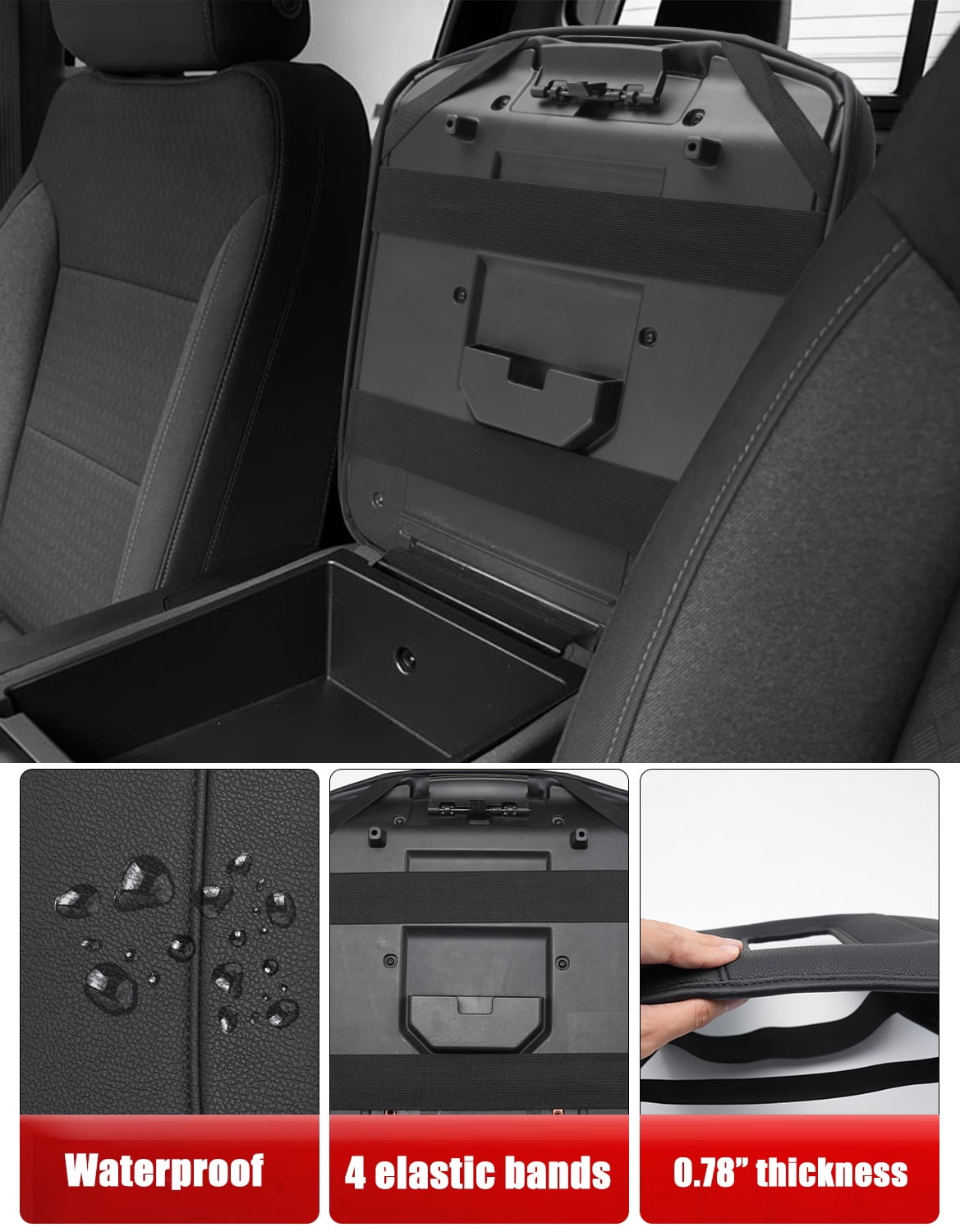 KBH Center Console Cover for 2019-2026 Chevy Silverado/GMC Sierra Accessories, Black Leather Armrest Cover for Jump Seat Console, Anti-scratch Middle Console Lid Protector