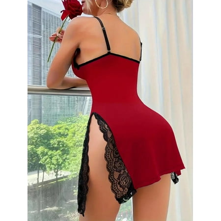 Pink Lace Bow Strap Nightgown  Romantic Deep V Side Slit Sleep Dress  Women Nightwear Babydoll