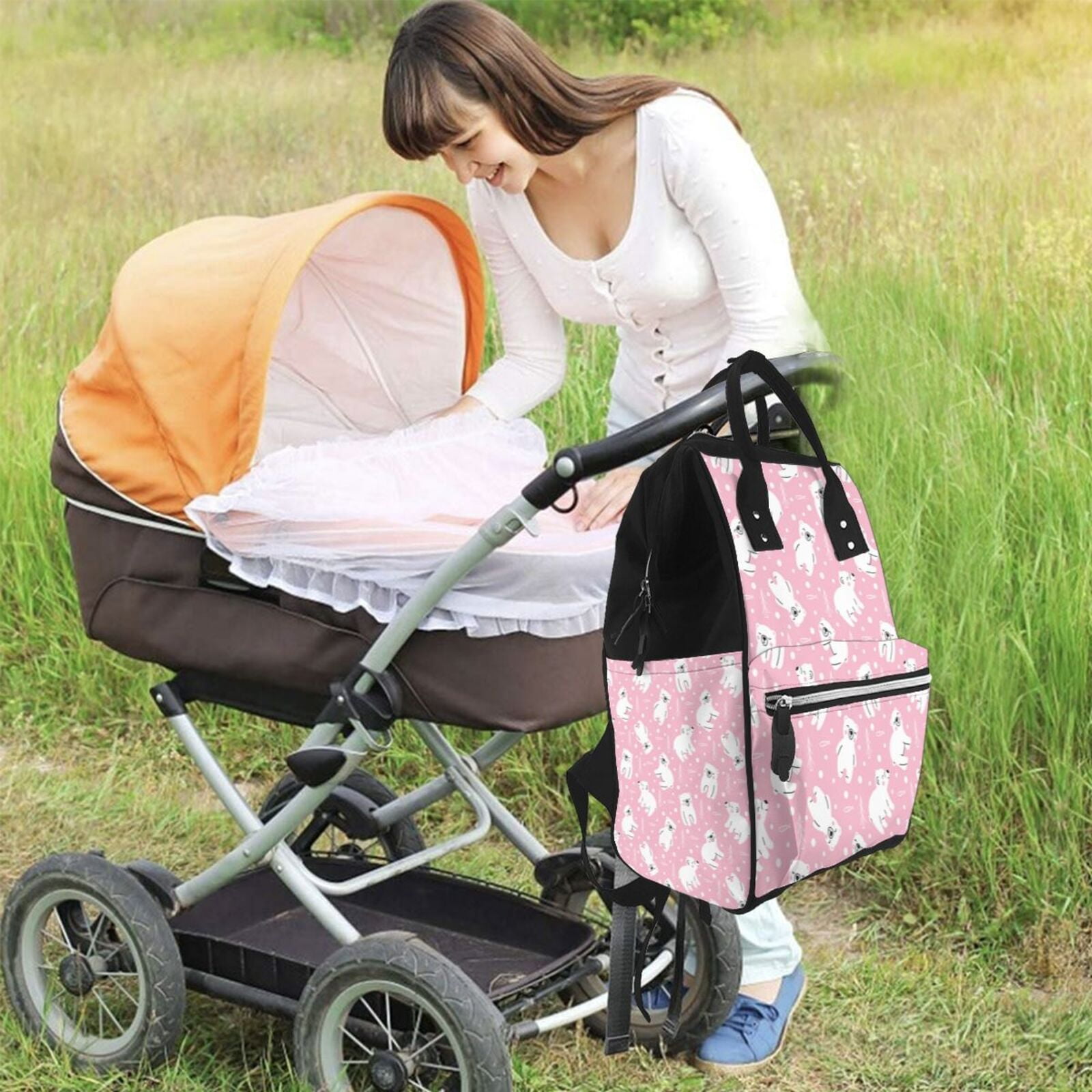 Fuzoiu Pink Cartoon Bear Print Diaper Bag Backpack,Baby Essentials Travel Tote,Multi function Waterproof Diaper Bag, Travel Essentials Baby Bag - Unisex