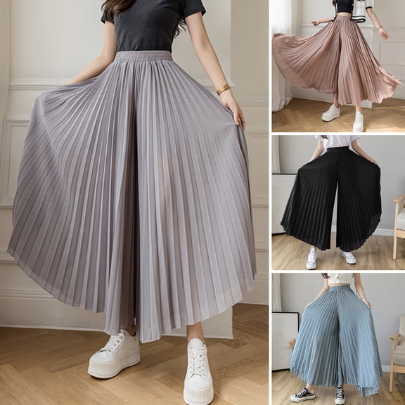 Xioeram Women Wide Leg Pleated Pants Elastic High Waist Chiffon Pants Summer Loose Fit Solid Color Casual Trousers Streetwear