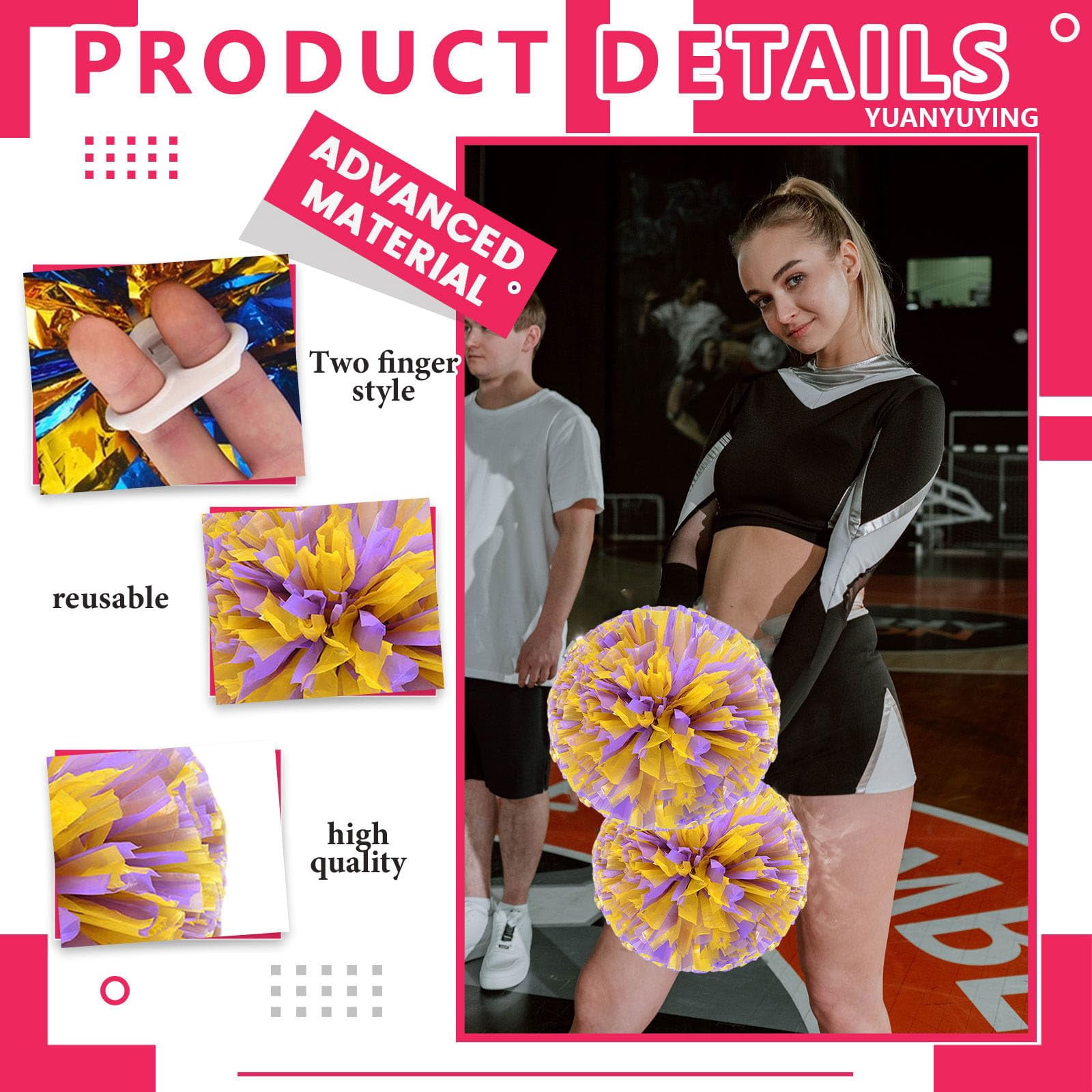 Pom Poms Cheer 8 Pieces, Cheerleading Pompoms Handheld Squad Set for Sports Team, Party, Festival, Adults Kids, Easy Fluff Design