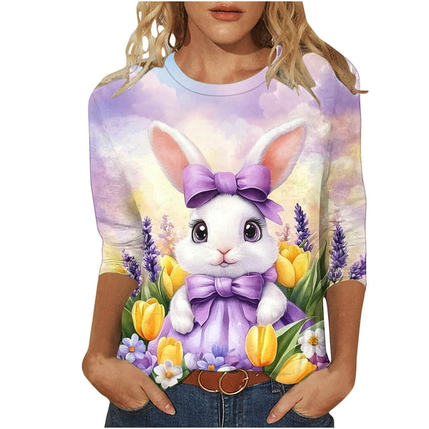 Camisetas de Pascua para Mujeres Cuello Redondo Suéter Suelto con Mangas de Tres Cuartos Y Lindo Estampado de Vacaciones, Poliéster Suave Casual Top para las Salidas Diarias de Primavera
