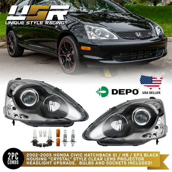DEPO JDM Black Projector Headlight   Bulb For 2002-2005 Honda Civic 3D Si HB EP3