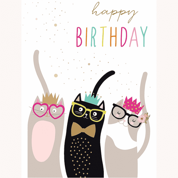 Happy Birthday Cat Card - Adorable Kittens with Crowns and Glasses - Blank Inside, Perfect for Cat Lovers and Birthday Celebrations