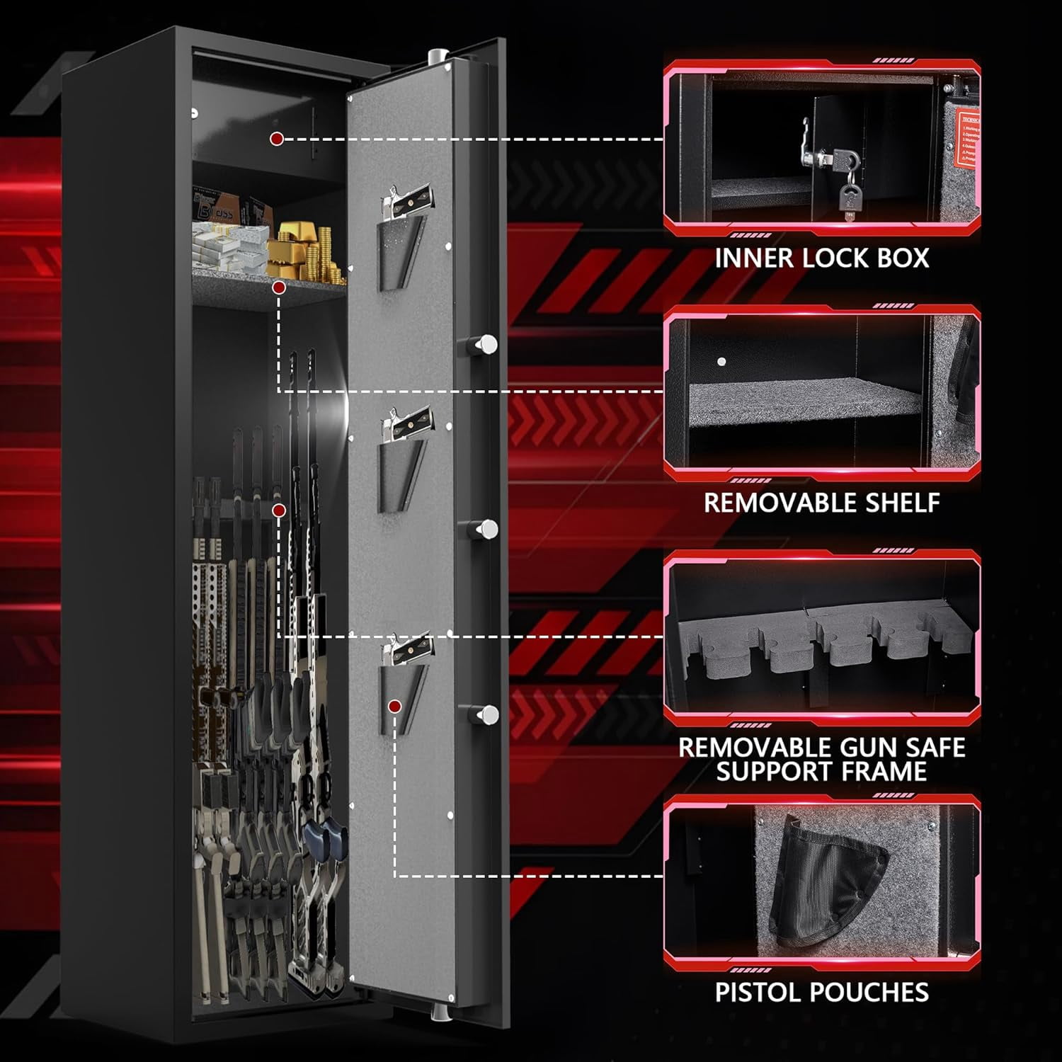 Marcree Biometric Fingerprint Gun Safe for Rifles, 6-8 Gun Cabinet with Key Inner Cabinet, Fingerprint & Digital Keypad  Cabinet, Gun Safe for Rifles and Pistols, Pistol Pocket, Silent Mode