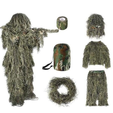 SEEUTEK 6 in 1 Ghillie Suit 3D Camouflage Hunting Apparel Including Jacket Pants Hood Carry Bag and Camo Tapes Woodland - Small - Kids