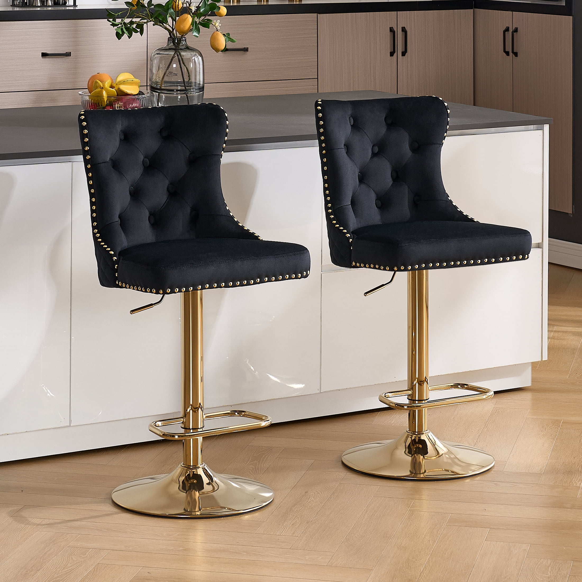 Velvet Gold Bar Stools Set of 2 Modern Counter Height Bar Stools with Lion Pull Ring Tufted Back, Nailhead Upholstered Barstools for Home Kitchen Island, Swivel Adjustable Stool Chair in Black