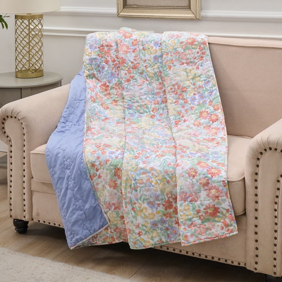 Greenland Home Fashions Alice Pastel Floral Cotton-Rich Quilted Throw Blanket for Teens and Adults, 50" x 60"