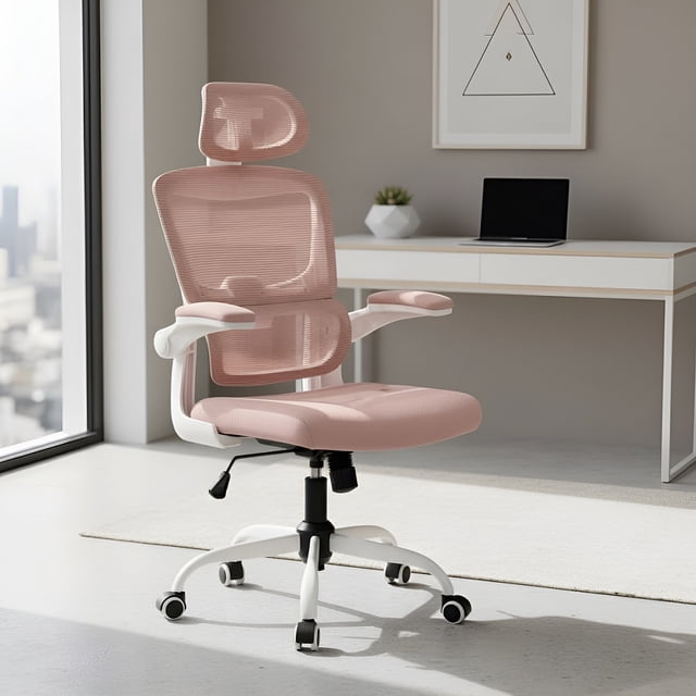 Silla Oficina de Respaldo Alto Ergonómica, Color Rosa, para Hogar u Oficina HOMEMAKE FURNITURE Moderno