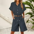 thumbnail image 2 of Horkkom Casual Outfits for Women 2 Piece Sets Summer Short Sleeve Button Down Shirts Elastic Waist Drawstring Shorts with Pockets Outfits Loose Solid Color Matching Sets M, 2 of 8