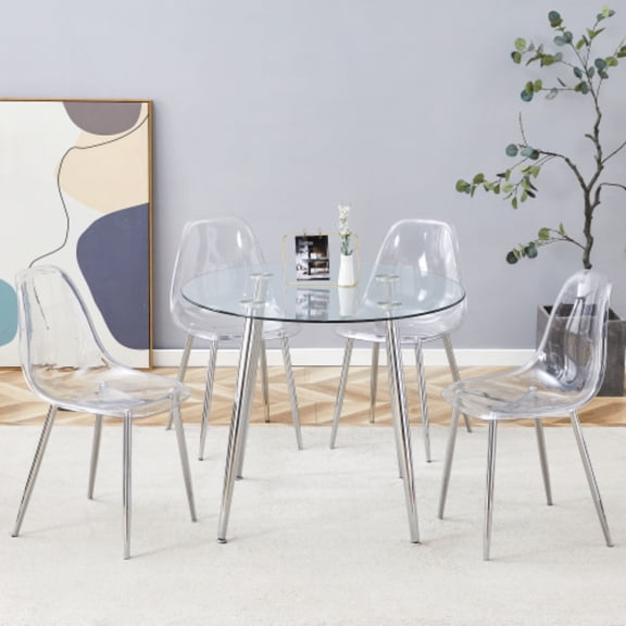 TesNus 36" Round Glass Dining Table Set, 5-Piece Modern Set with Clear Acrylic Chairs and Silver Metal Legs for Kitchen