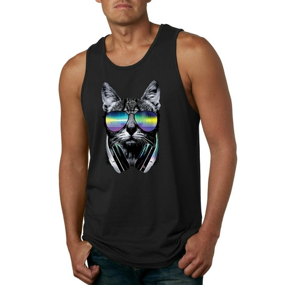 DJ Kitty Cat with Headphones | Mens Cat Lover Graphic Tank Top, Black, Small