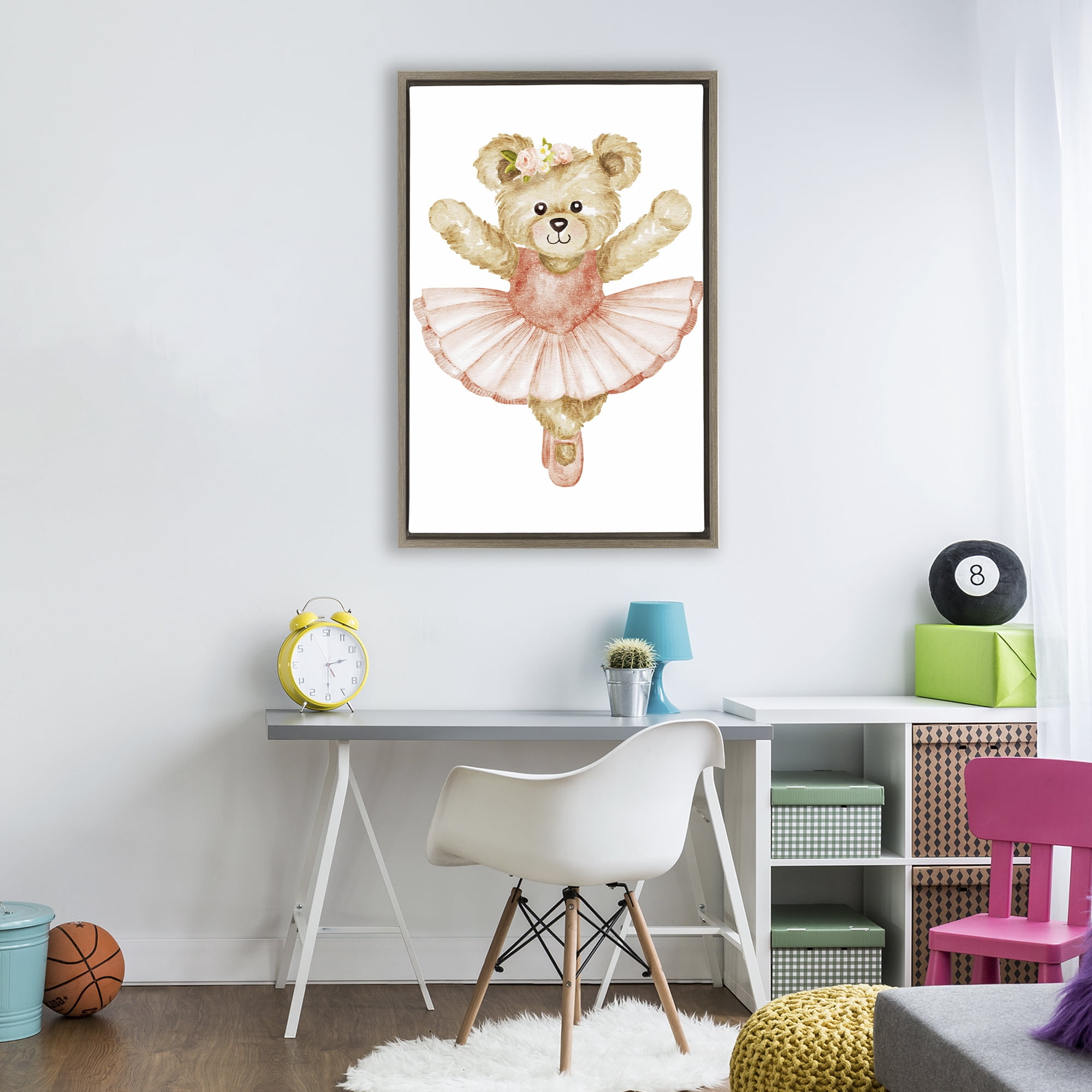 Teddy Bear Ballet Tutu Brown Framed Floater Canvas Wall Art, design by Amy Hall
